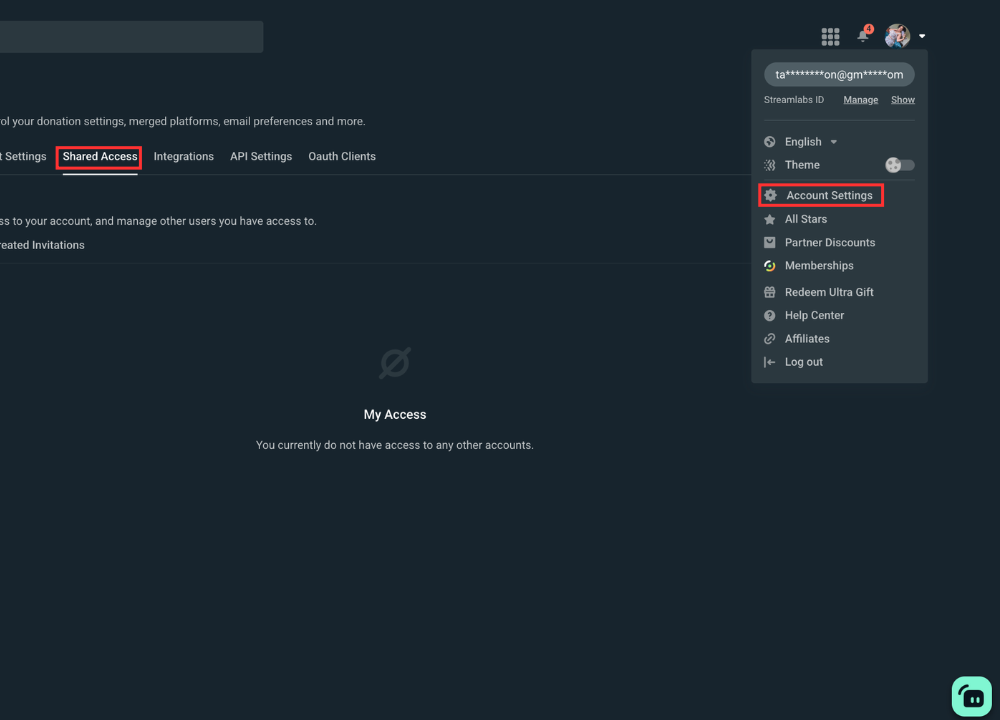 Shared access settings under Account Settings in Dashboard